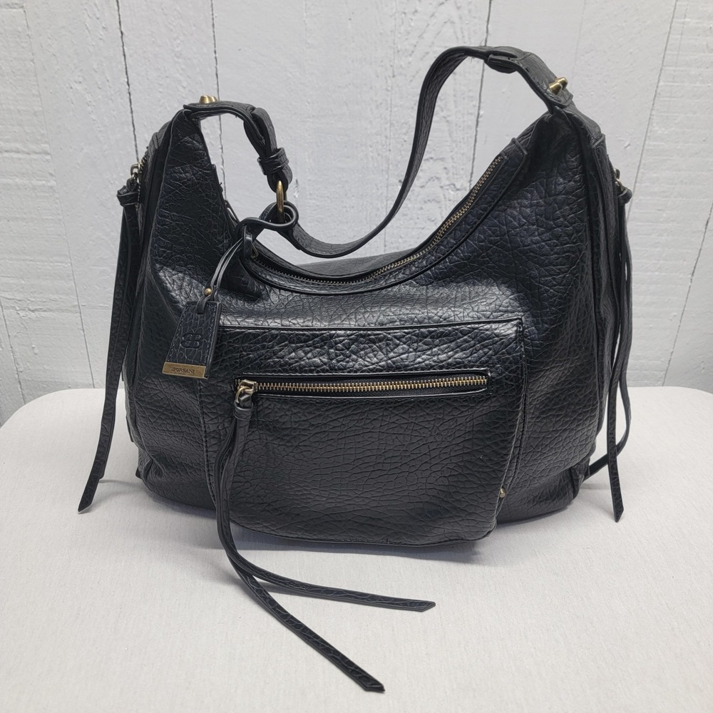 Borsani Firenze Black Pebbled Faux Leather Hobo Shoulder Bag Gold Hardware Large